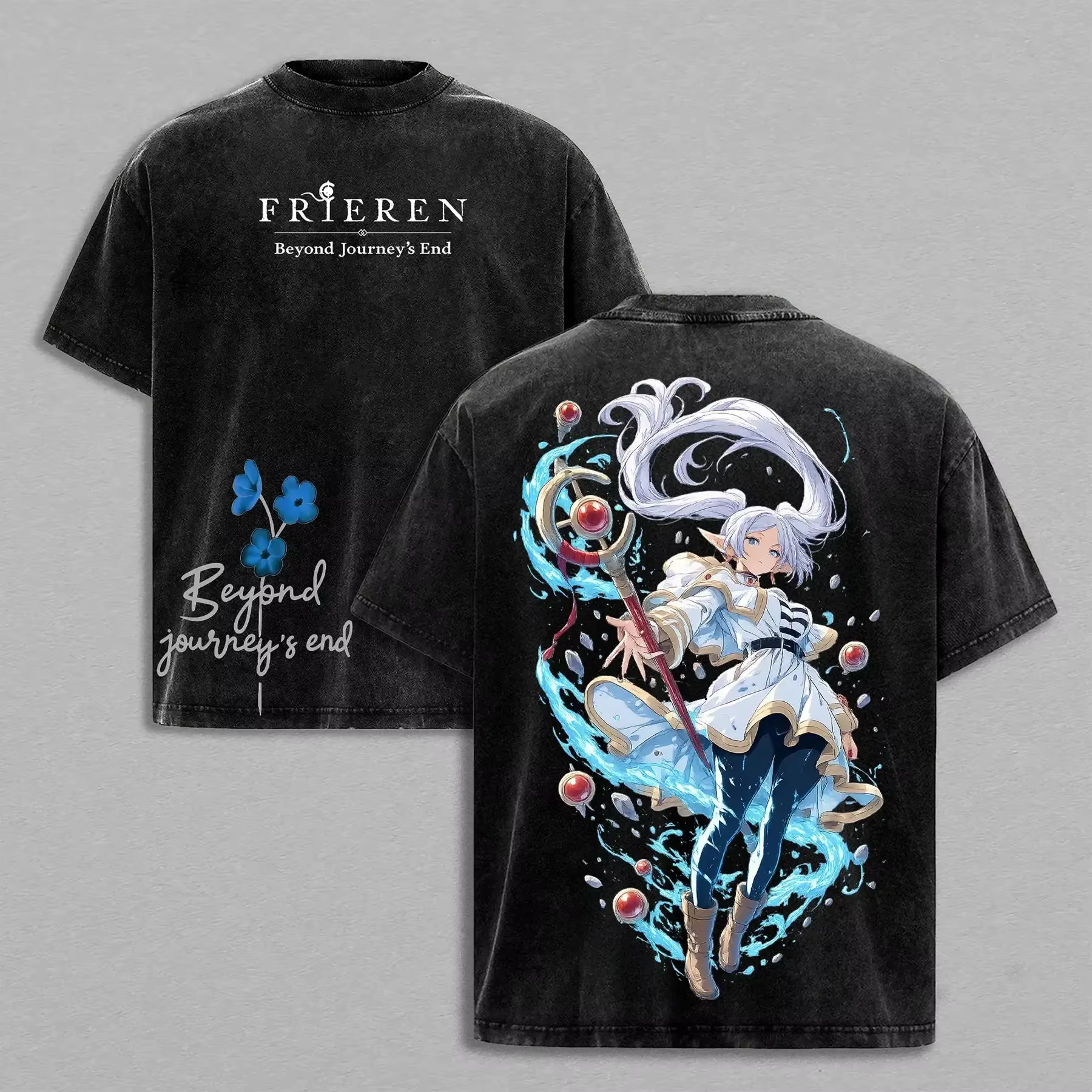 T-shirt imprimé Anime Frieren, style Harajuku, délavé, surdimensionné, manches courtes, en pur coton