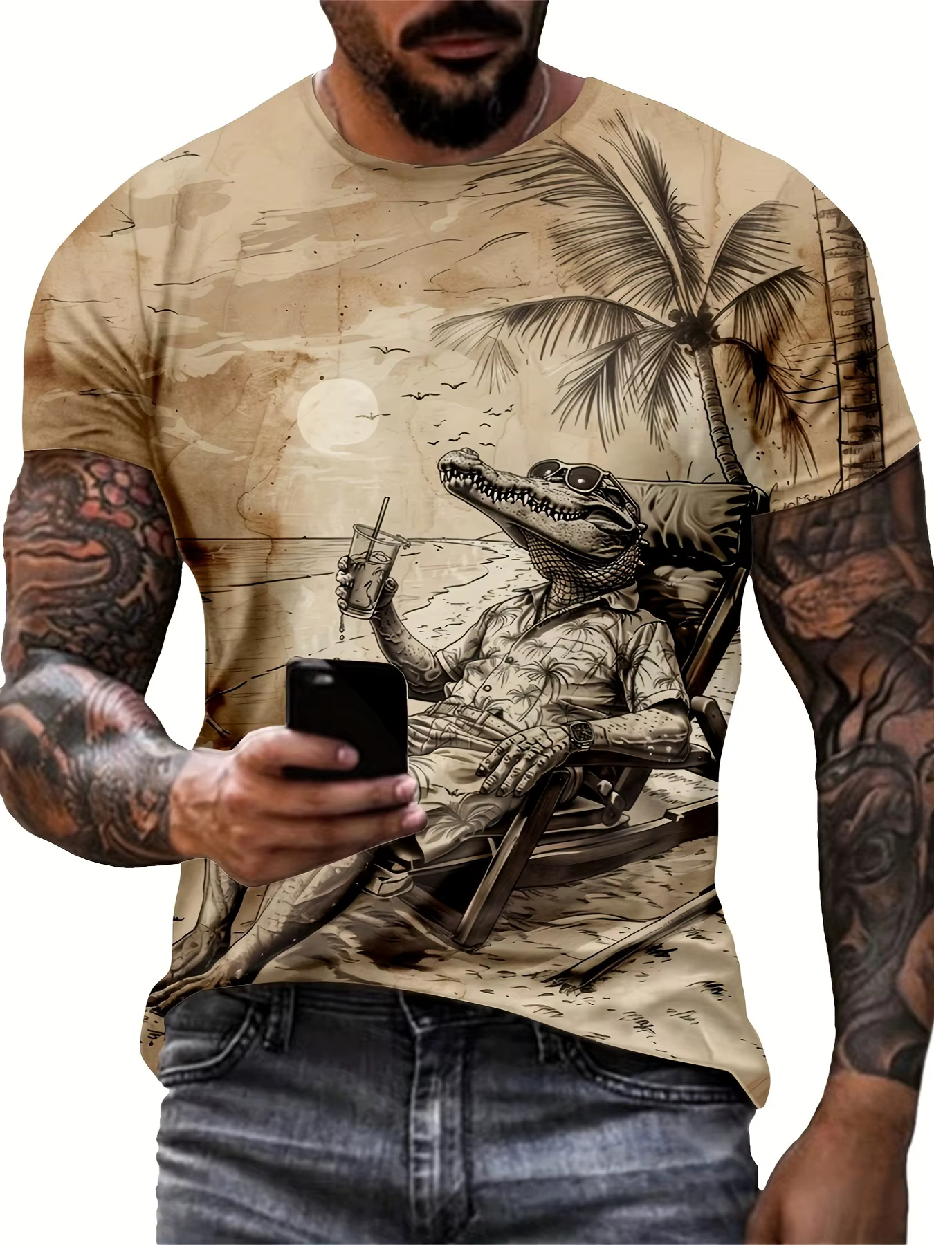T-shirt à imprimé graphique crocodile pour hommes, manches courtes, t-shirt à col rond, vêtements d'
