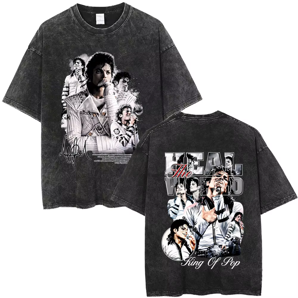 T-shirt graphique vintage lavé Michael Jackson King of Pop pour hommes et femmes, T-shirts rétro roc