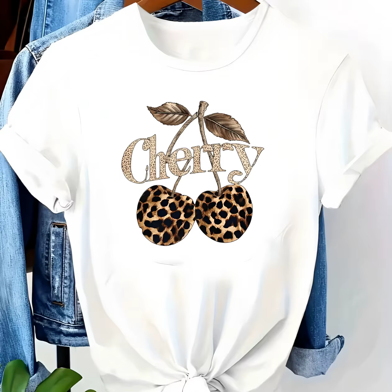 T-shirt à manches courtes et col rond pour femmes, imprimé léopard cerise, vêtements élégants pour f