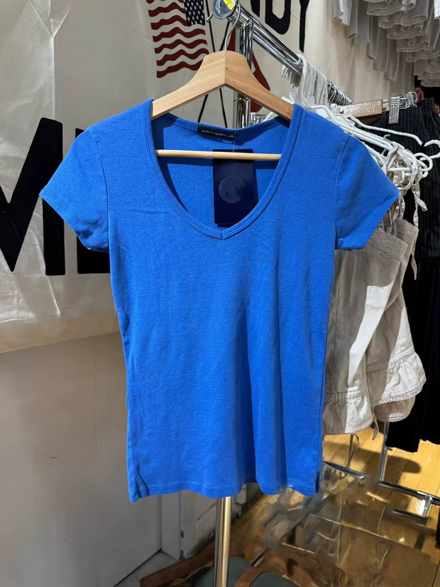 T-shirts bleu royal à col en V pour femmes, été, coton, slim, décontracté, streetwear, manches court