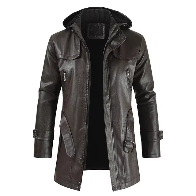 Manteau Long en cuir à capuche pour hommes, vêtements coupe-vent, manteau de moto en cuir pour homme