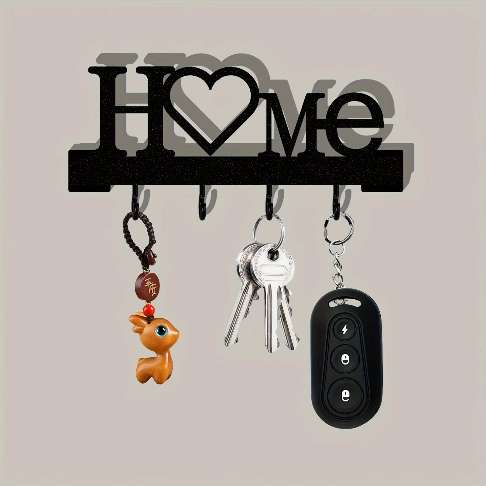 Porte-clés élégant en forme de «Home Love» en métal avec crochets, 1 pièce |   Support mural sans pe