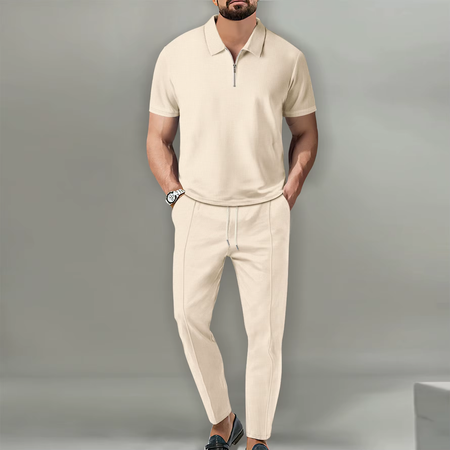 Ensemble polo à manches courtes et pantalon long en tricot gaufré de style européen et américain, op