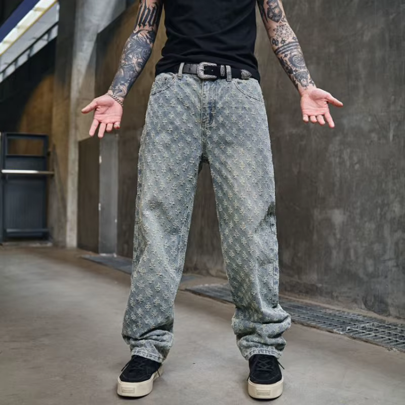 Jean bleu 12 modèles hommes motif Jacquard Vintage en relief Streetwear jean ample homme haute rue a