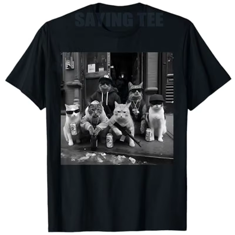 Drôle Gangster Cats Street Y2k Design T-Shirt Humoristique Kitty Gang Graphique Tenue Chat Papa Mama