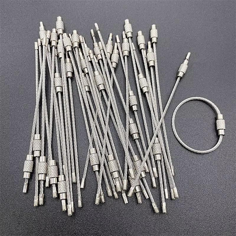 Porte-clés en corde d'acier inoxydable, 10 pièces, boucle de câble, verrouillage à vis, Gadget, anne
