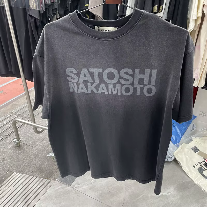 T-shirt noir Satoshi Nakamoto pour homme et femme, streetwear délavé, manches courtes, décontracté, 