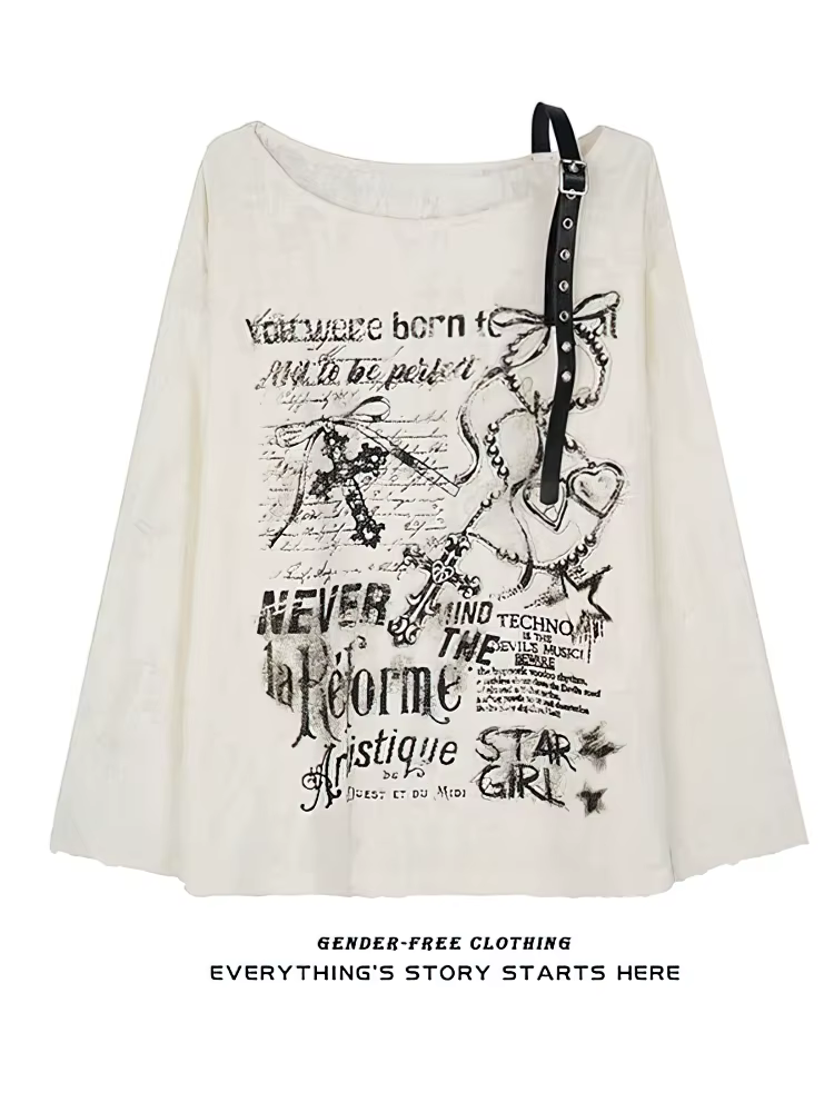 T-shirt vintage Y2K oversize à épaules dénudées avec imprimé, haut déchiré à trous, manches longues,