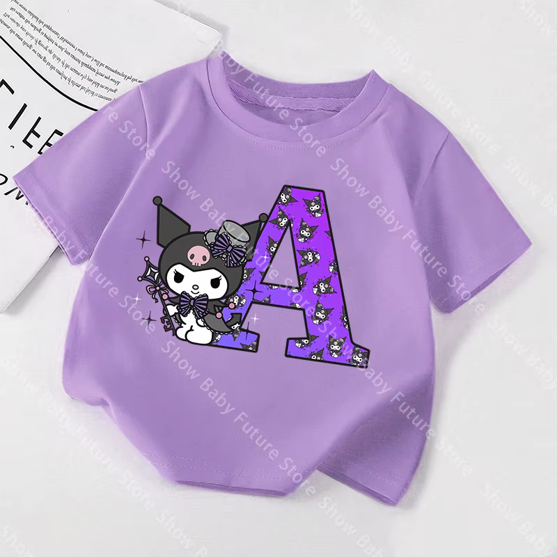 T-shirt violet Kuromis pour filles, vêtements, hauts, vêtements, lettre de dessin animé A-Z, nom, mo