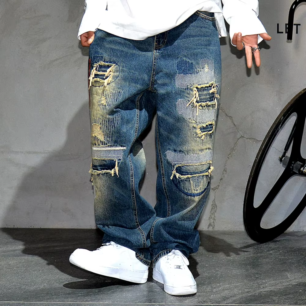Jean déchiré avec Patch, Streetwear américain, Baggy Hip Hop, vêtements pour hommes, pantalon Cargo 