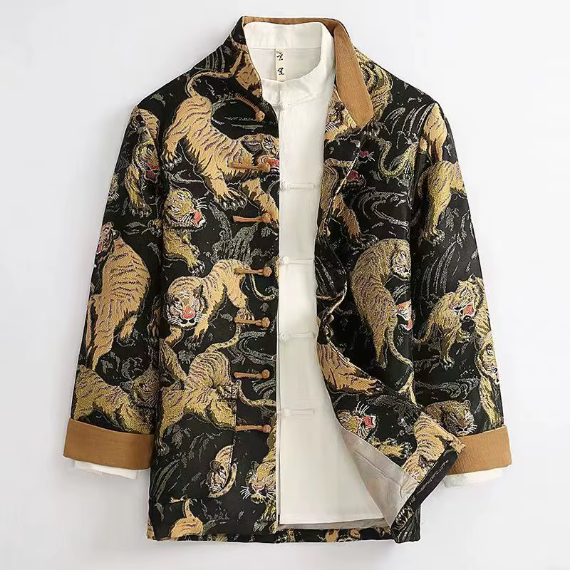 Vestes brodées à boutons de style chinois pour hommes, col montant, veste haute rue décontractée, pa