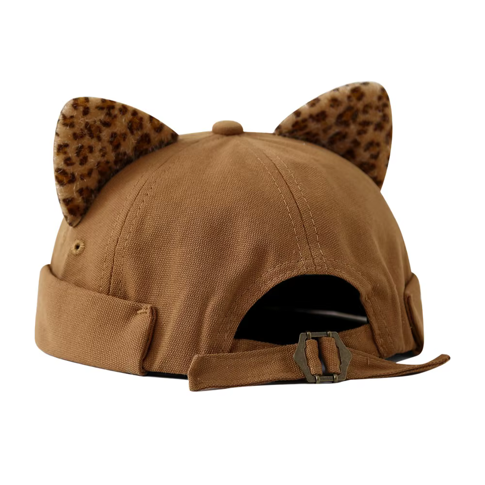 Casquette Docker Unisexe à Oreilles de Chat Imprimé Léopard Hip Hop, Sans Visière, Couleur Unie, Rég