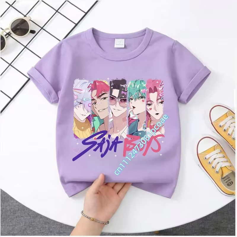 Nouveau T-shirt en coton imprimé K-POP Saja Boys 2026 à manches courtes pour garçons et filles – Col