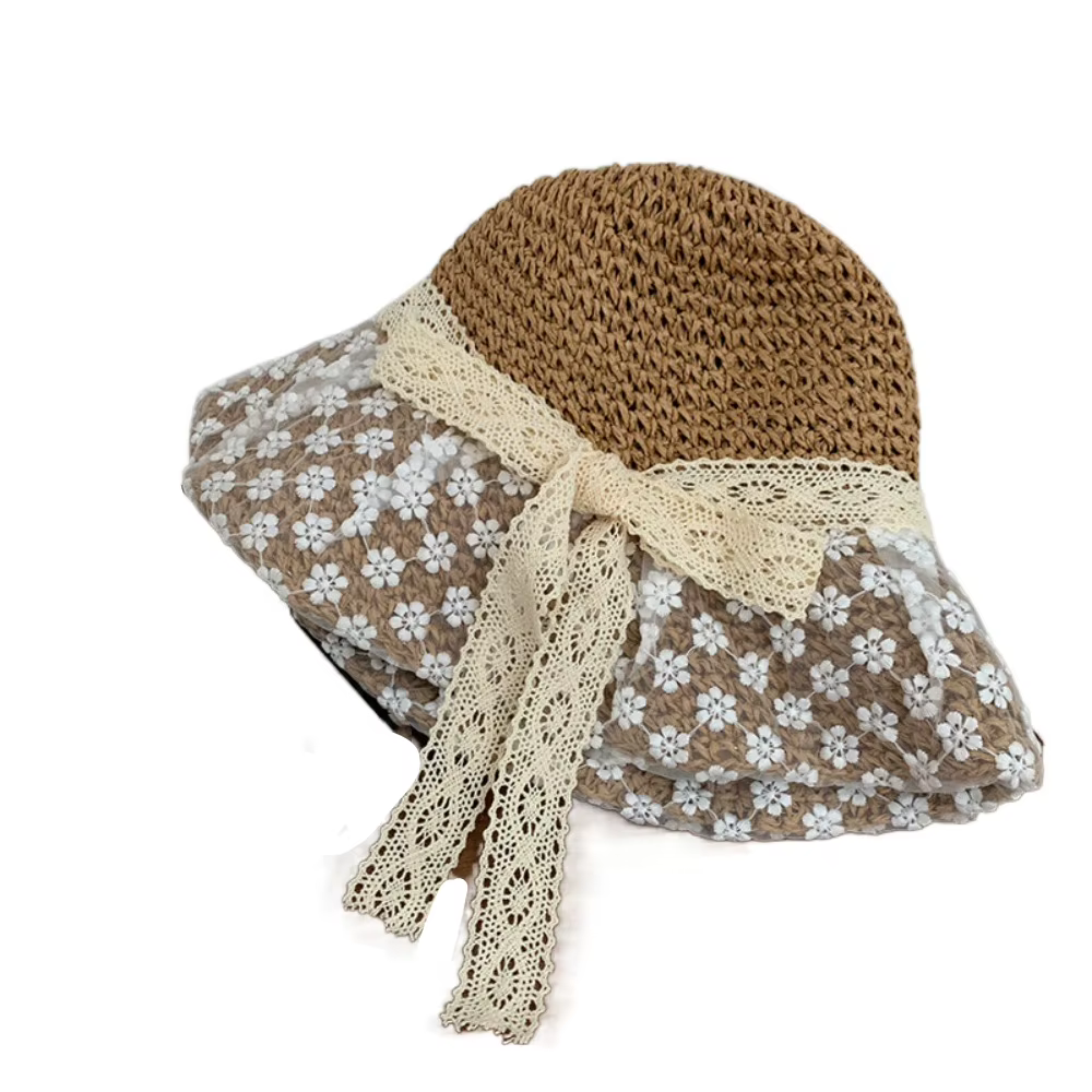 Chapeau de soleil élégant en paille respirant à large bord pour femme, anti-UV, avec nœud en dentell