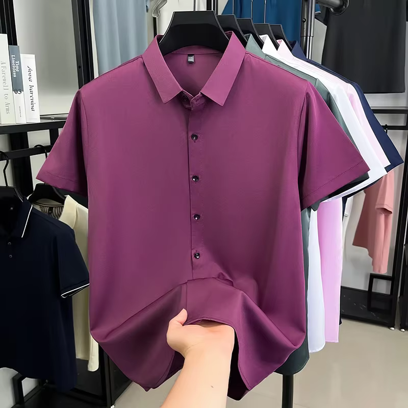 Chemise formelle à manches courtes pour hommes, résistante aux plis, respirante, coupe ajustée, bout