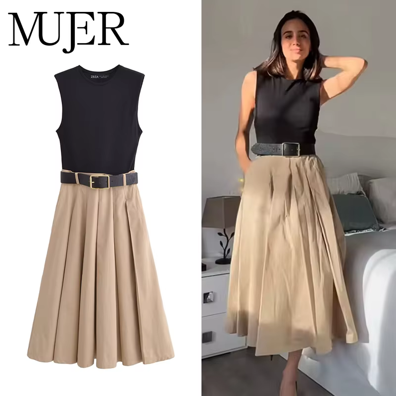 MUJER 2025 femme robes ceinture plissée robe mi-longue femmes sans manches robe d'été femme tricoté 