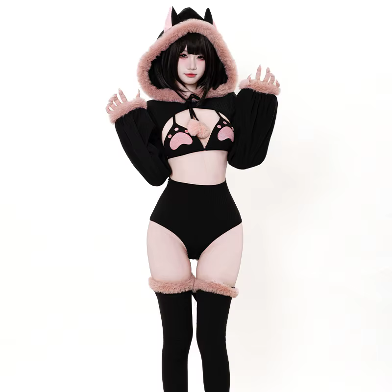 Ensemble bikini Punk Cat Girls, haut court à capuche à manches longues, lingerie de cosplay d'Hallow