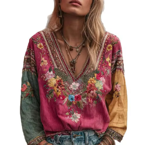 Chemise décontractée à col en V imprimée pour femmes