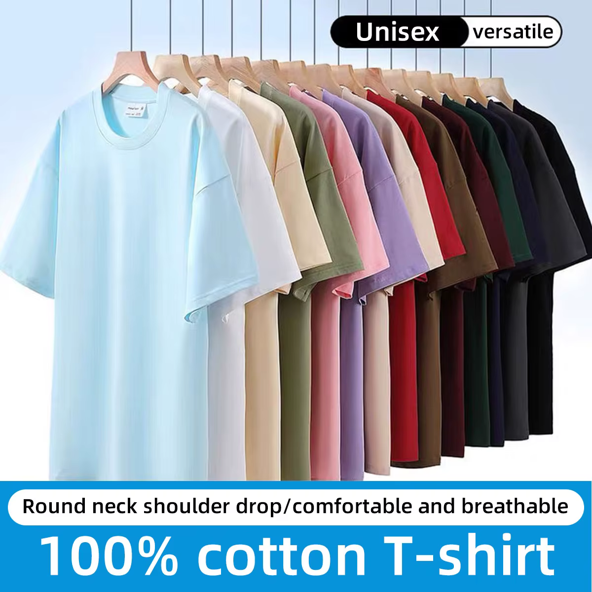 T-shirt 100% pur coton avec col rond et design épaules tombantes pour hommes et femmes