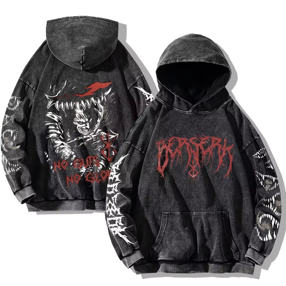 Hommes Berserk sweats à capuche imprimé gothique Vintage lavé