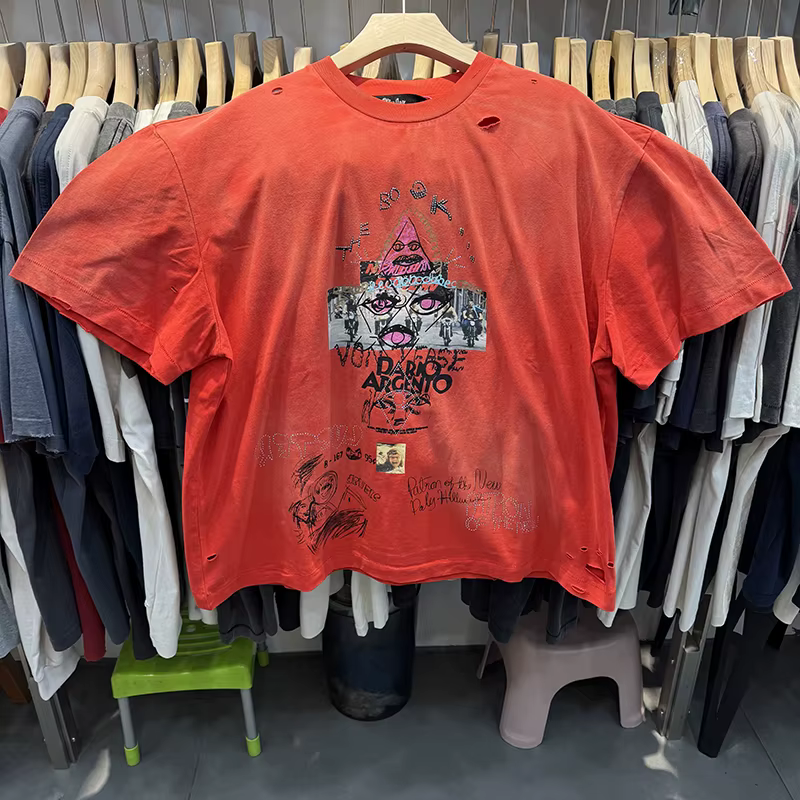 Rouge rétro Paly Style américain Graffiti cristal lettre t-shirt hommes