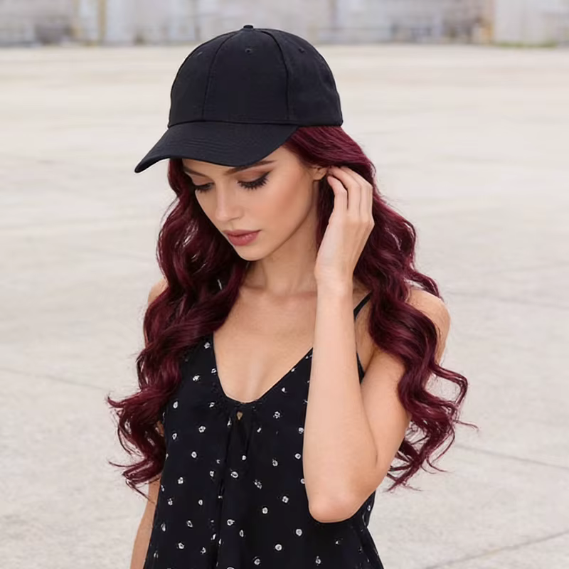 Casquette de cheveux ondulés bordeaux – Fibre synthétique