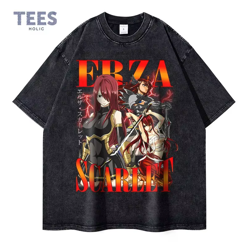 T-shirt Erza Scarlet Vintage Délavé Anime F-Fairy Tail T-shirts Oversize Streetwear Rétro Manga Natsu Gray Lucy Tops Tees Homme