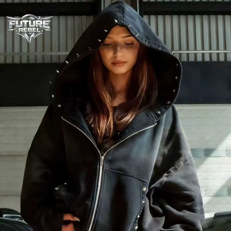 Sweat-shirt à capuche streetwear uni avec fermeture éclair