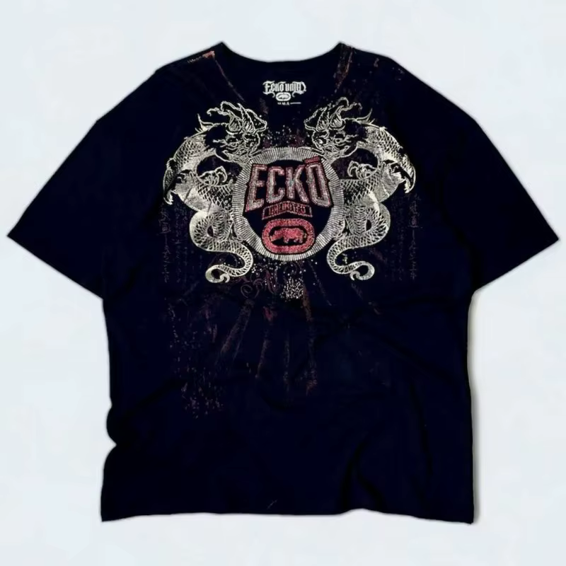 Ecko en détresse métallique Dragon graphique lavé rétro haute rue t-shirt urbain Streetwear mode porter unisexe manches courtes