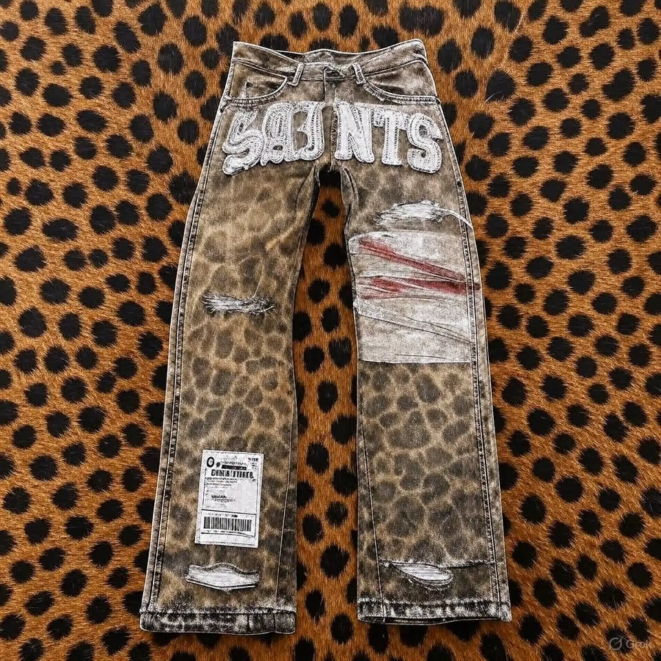 Streetwear Vintage Léopard Camouflage Jeans Y2K Hommes Femmes Hip Hop Lettre Patchwork Broderie Baggy